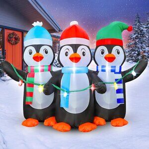 ⚡6FT Christmas Inflatables Blow up 3 Cute Penguins LED Light Outdoor Decoration